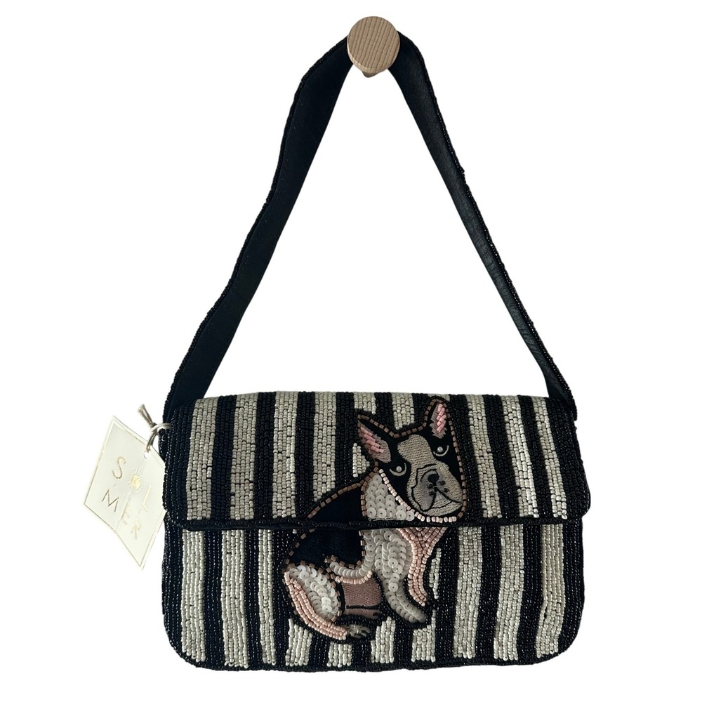 Sol Mer French Bulldog Beaded Shoulder Bag Black White Striped Frenchie Purse